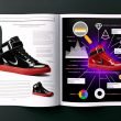 Magazin-Doppelseite im Darkmode zeigt einen rot-schwarzen Sneaker vor weißem Hintergrund, umgeben von technischen SEO-Elementen und Suchmaschinen-Symbolen im Stil moderner Webgestaltung.