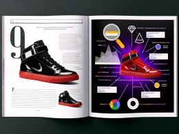 Magazin-Doppelseite im Darkmode zeigt einen rot-schwarzen Sneaker vor weißem Hintergrund, umgeben von technischen SEO-Elementen und Suchmaschinen-Symbolen im Stil moderner Webgestaltung.