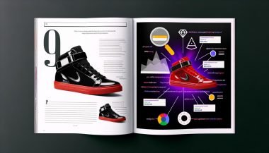 Magazin-Doppelseite im Darkmode zeigt einen rot-schwarzen Sneaker vor weißem Hintergrund, umgeben von technischen SEO-Elementen und Suchmaschinen-Symbolen im Stil moderner Webgestaltung.