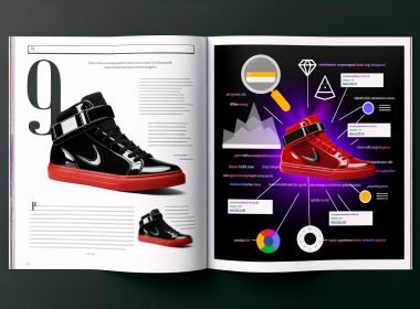 Magazin-Doppelseite im Darkmode zeigt einen rot-schwarzen Sneaker vor weißem Hintergrund, umgeben von technischen SEO-Elementen und Suchmaschinen-Symbolen im Stil moderner Webgestaltung.