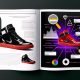 Magazin-Doppelseite im Darkmode zeigt einen rot-schwarzen Sneaker vor weißem Hintergrund, umgeben von technischen SEO-Elementen und Suchmaschinen-Symbolen im Stil moderner Webgestaltung.