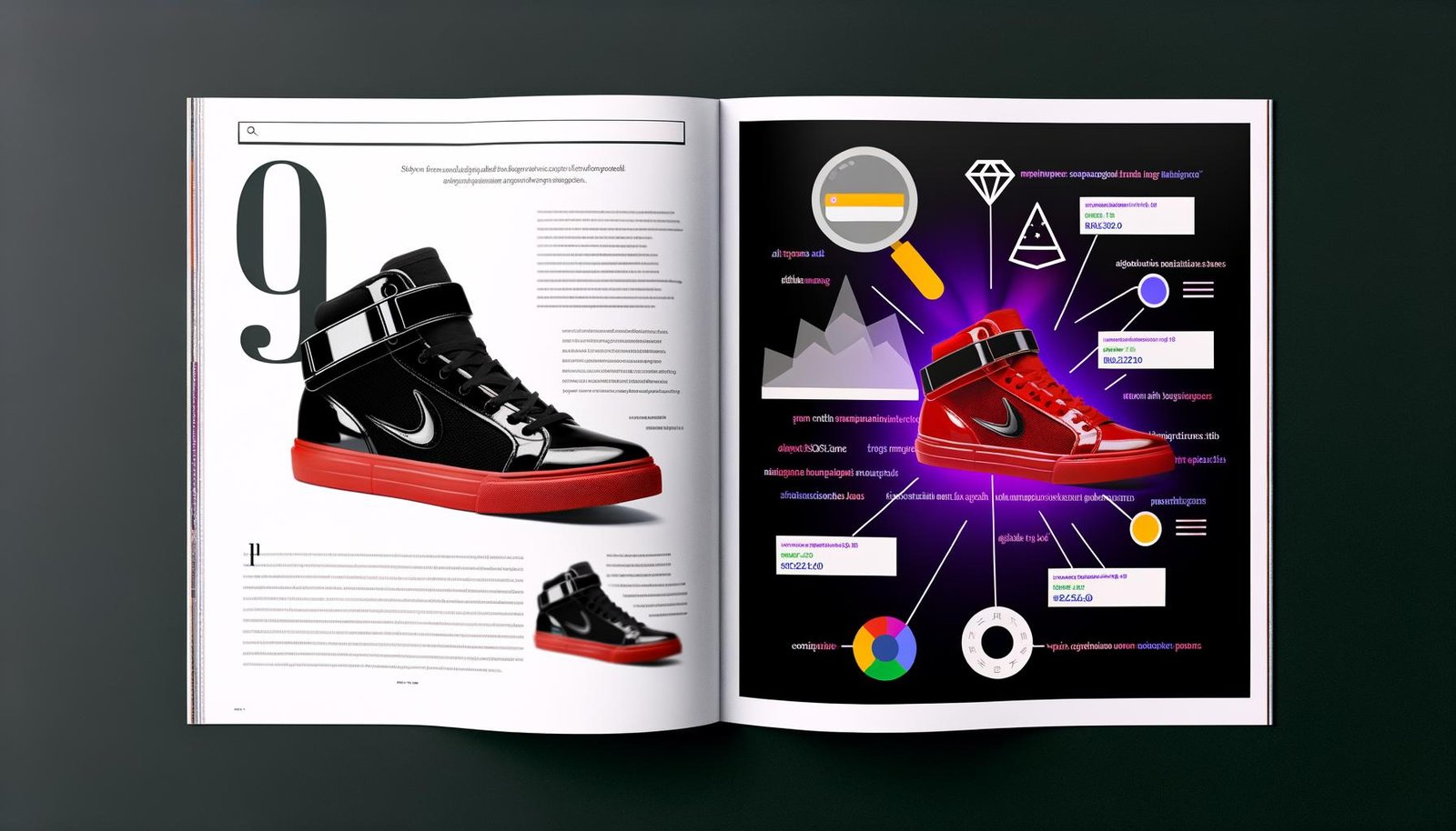 Magazin-Doppelseite im Darkmode zeigt einen rot-schwarzen Sneaker vor weißem Hintergrund, umgeben von technischen SEO-Elementen und Suchmaschinen-Symbolen im Stil moderner Webgestaltung.