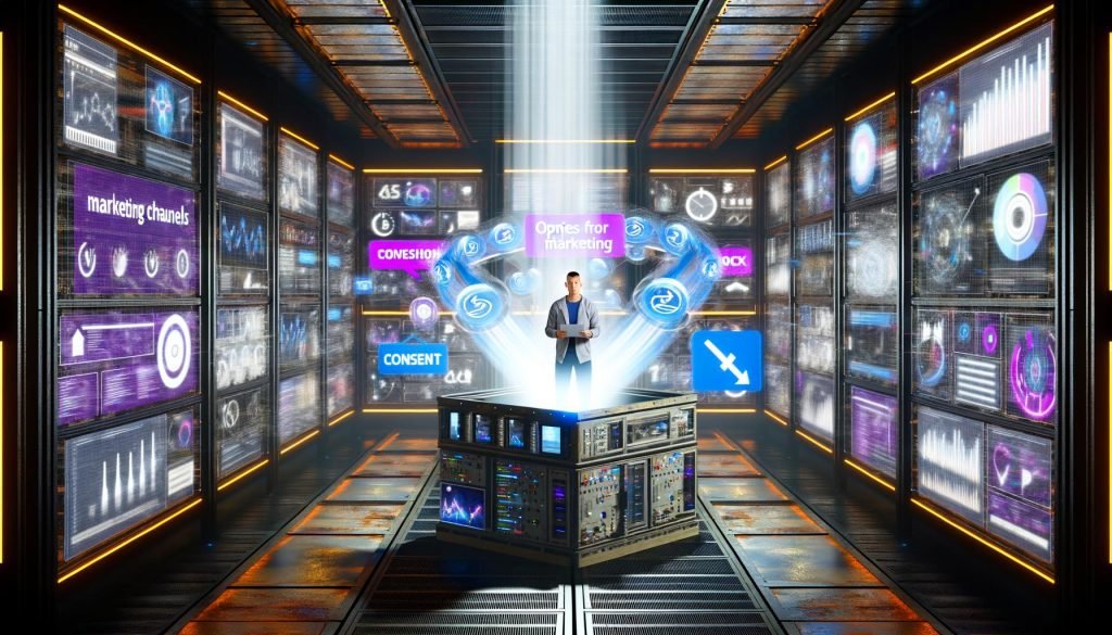 Futuristischer, energiegeladener Maschinenraum mit Monitoren, Datenströmen und einem fokussierten Marketing-Manager, der für Transparenz in komplexen Marketing-Prozessen sorgt.