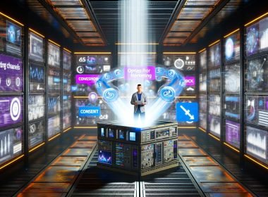 Futuristischer, energiegeladener Maschinenraum mit Monitoren, Datenströmen und einem fokussierten Marketing-Manager, der für Transparenz in komplexen Marketing-Prozessen sorgt.