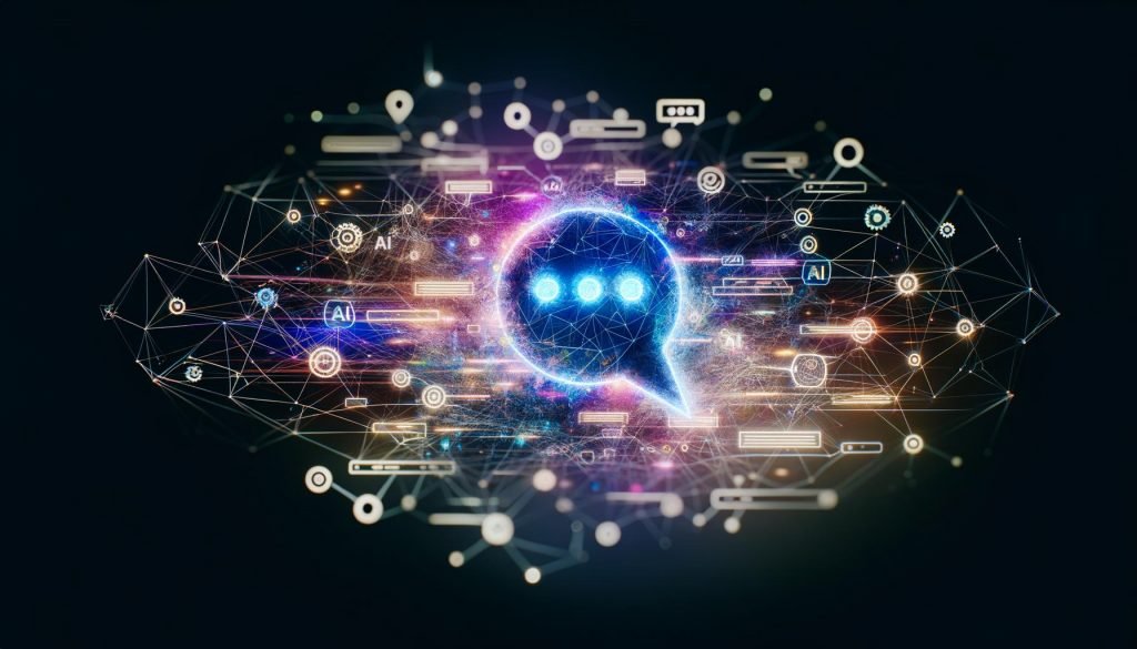Abstraktes, futuristisches Titelbild mit holografischer Chat-Bubble, umgeben von leuchtenden Datenströmen und Marketing-Symbolen auf dunklem Hintergrund.