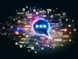 Abstraktes, futuristisches Titelbild mit holografischer Chat-Bubble, umgeben von leuchtenden Datenströmen und Marketing-Symbolen auf dunklem Hintergrund.