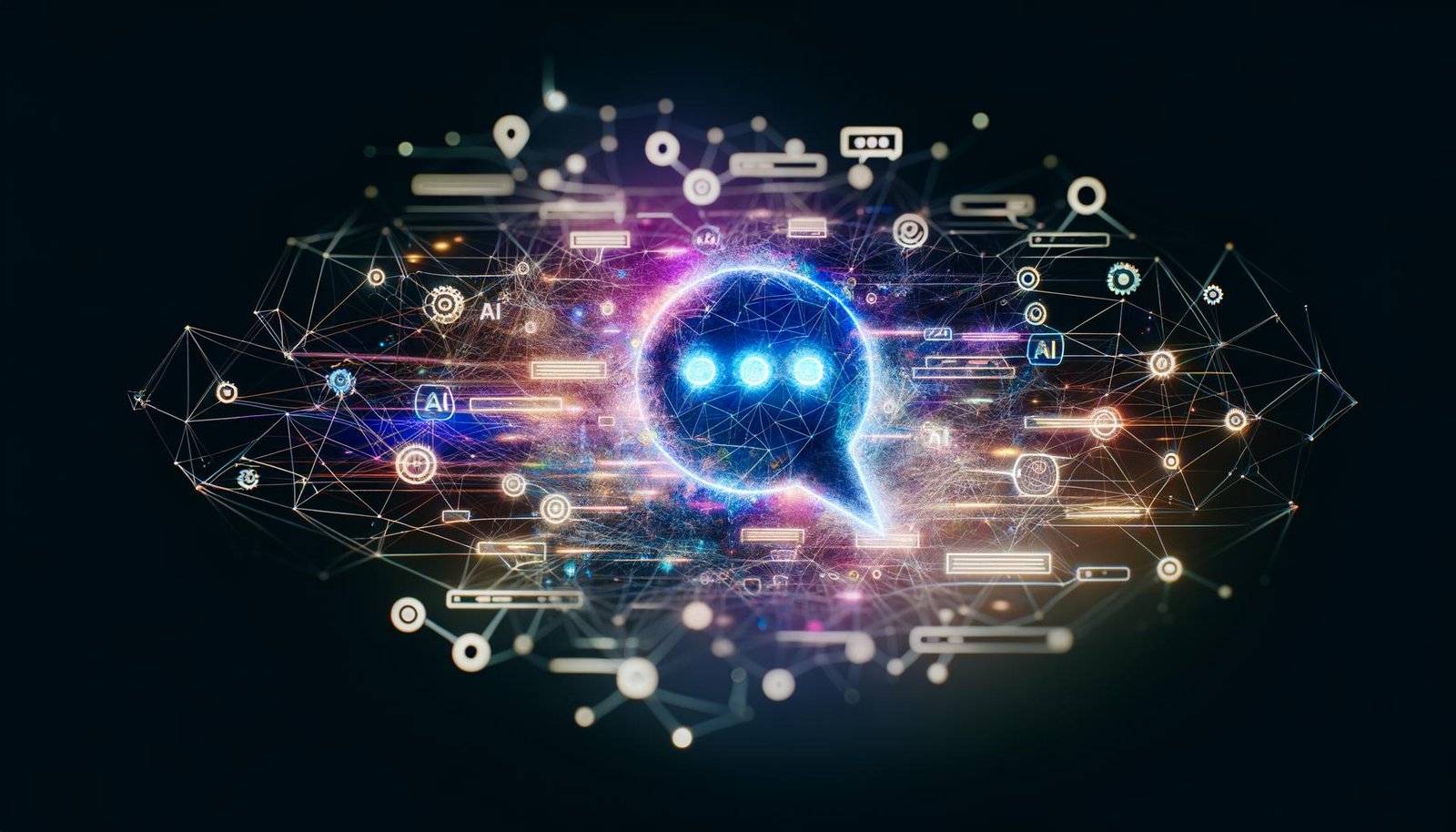 Abstraktes, futuristisches Titelbild mit holografischer Chat-Bubble, umgeben von leuchtenden Datenströmen und Marketing-Symbolen auf dunklem Hintergrund.