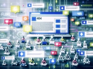Vielschichtige digitale Community diskutiert lebhaft um einen Blog-Post, umgeben von Gamification-Symbolen, Benachrichtigungen und Analysecharts vor technischem, modernem Hintergrund.
