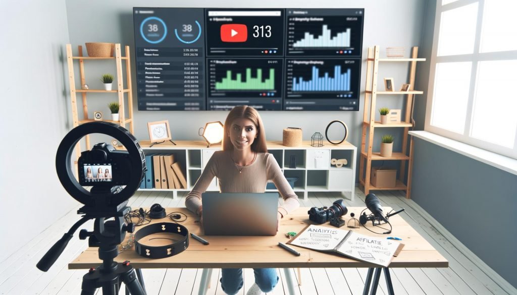 YouTuberin im modernen Studio mit hochwertigem Video- und Audio-Equipment, YouTube-Analytics auf dem Laptop, Notizzettel und große Bildschirme mit Statistiken im Hintergrund.
