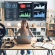 YouTuberin im modernen Studio mit hochwertigem Video- und Audio-Equipment, YouTube-Analytics auf dem Laptop, Notizzettel und große Bildschirme mit Statistiken im Hintergrund.