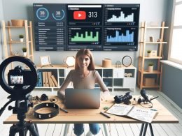YouTuberin im modernen Studio mit hochwertigem Video- und Audio-Equipment, YouTube-Analytics auf dem Laptop, Notizzettel und große Bildschirme mit Statistiken im Hintergrund.