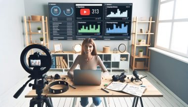 YouTuberin im modernen Studio mit hochwertigem Video- und Audio-Equipment, YouTube-Analytics auf dem Laptop, Notizzettel und große Bildschirme mit Statistiken im Hintergrund.
