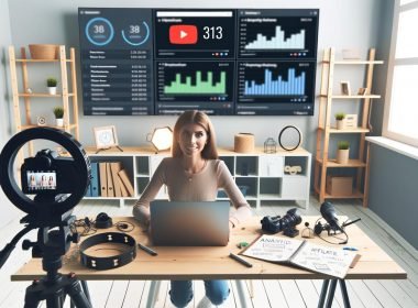 YouTuberin im modernen Studio mit hochwertigem Video- und Audio-Equipment, YouTube-Analytics auf dem Laptop, Notizzettel und große Bildschirme mit Statistiken im Hintergrund.