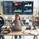 YouTuberin im modernen Studio mit hochwertigem Video- und Audio-Equipment, YouTube-Analytics auf dem Laptop, Notizzettel und große Bildschirme mit Statistiken im Hintergrund.