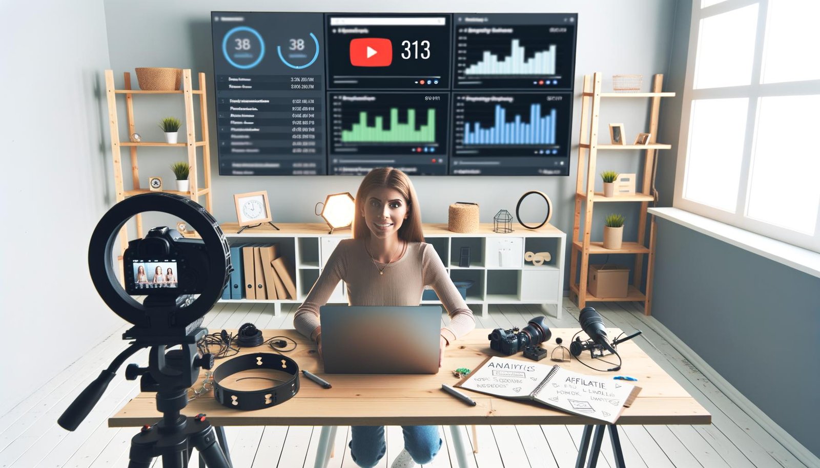 YouTuberin im modernen Studio mit hochwertigem Video- und Audio-Equipment, YouTube-Analytics auf dem Laptop, Notizzettel und große Bildschirme mit Statistiken im Hintergrund.