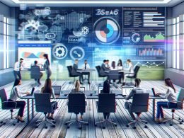 SEO- und SEA-Teams arbeiten kooperativ in einem modernen Open Space Büro 2025 an gemeinsamen Bildschirmen mit Analytics- und Keyword-Dashboards, während im Hintergrund digitale Such- und Anzeigendaten verschmelzen.