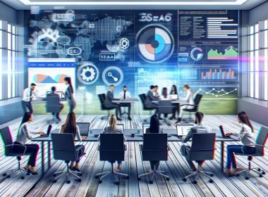 SEO- und SEA-Teams arbeiten kooperativ in einem modernen Open Space Büro 2025 an gemeinsamen Bildschirmen mit Analytics- und Keyword-Dashboards, während im Hintergrund digitale Such- und Anzeigendaten verschmelzen.