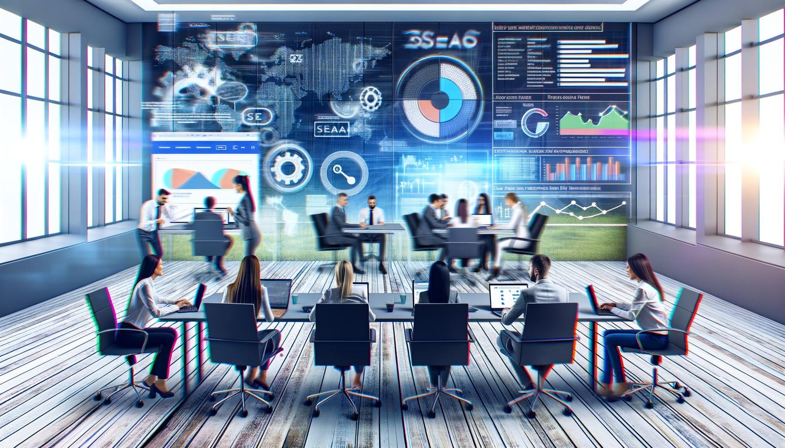 SEO- und SEA-Teams arbeiten kooperativ in einem modernen Open Space Büro 2025 an gemeinsamen Bildschirmen mit Analytics- und Keyword-Dashboards, während im Hintergrund digitale Such- und Anzeigendaten verschmelzen.