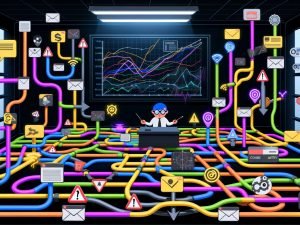 Illustration eines digitalen Marketing-Dschungels mit Kanälen wie Google Ads, Facebook, E-Mail, Affiliate und Tracking-Icons, die in einem zentralen Dashboard mit Conversion-Diagrammen münden, gesteuert von einer Person mit Datenbrille.