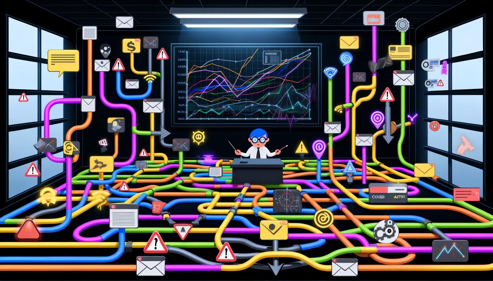 Illustration eines digitalen Marketing-Dschungels mit Kanälen wie Google Ads, Facebook, E-Mail, Affiliate und Tracking-Icons, die in einem zentralen Dashboard mit Conversion-Diagrammen münden, gesteuert von einer Person mit Datenbrille.
