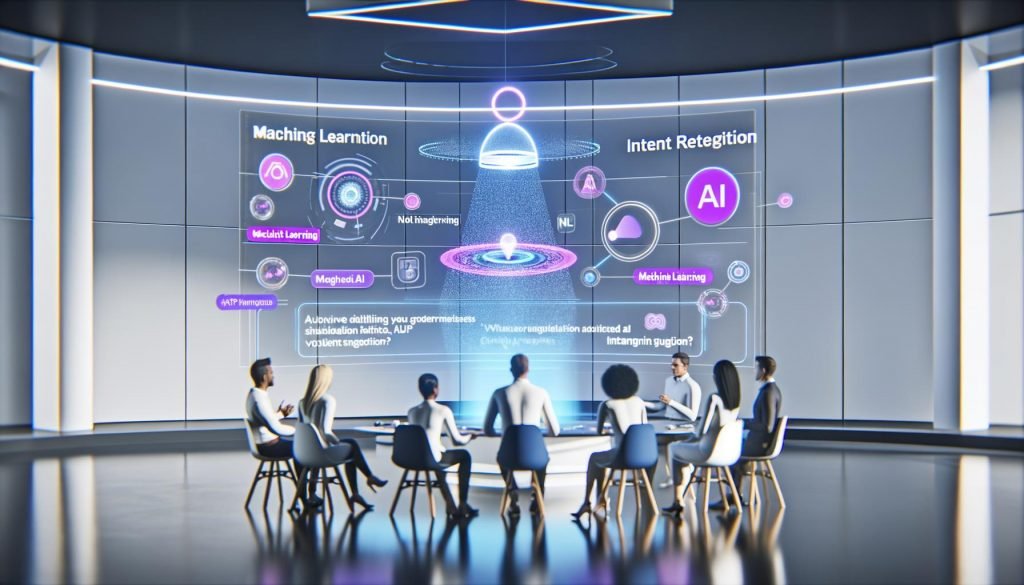 Marketingteam in Hightech-Umgebung beobachtet ein AI-Konversationsdisplay mit interaktiven Produktempfehlungen und schwebenden Begriffen wie NLP, Machine Learning und Intent Recognition.