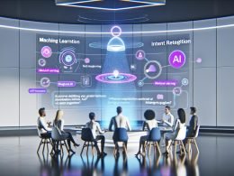 Marketingteam in Hightech-Umgebung beobachtet ein AI-Konversationsdisplay mit interaktiven Produktempfehlungen und schwebenden Begriffen wie NLP, Machine Learning und Intent Recognition.