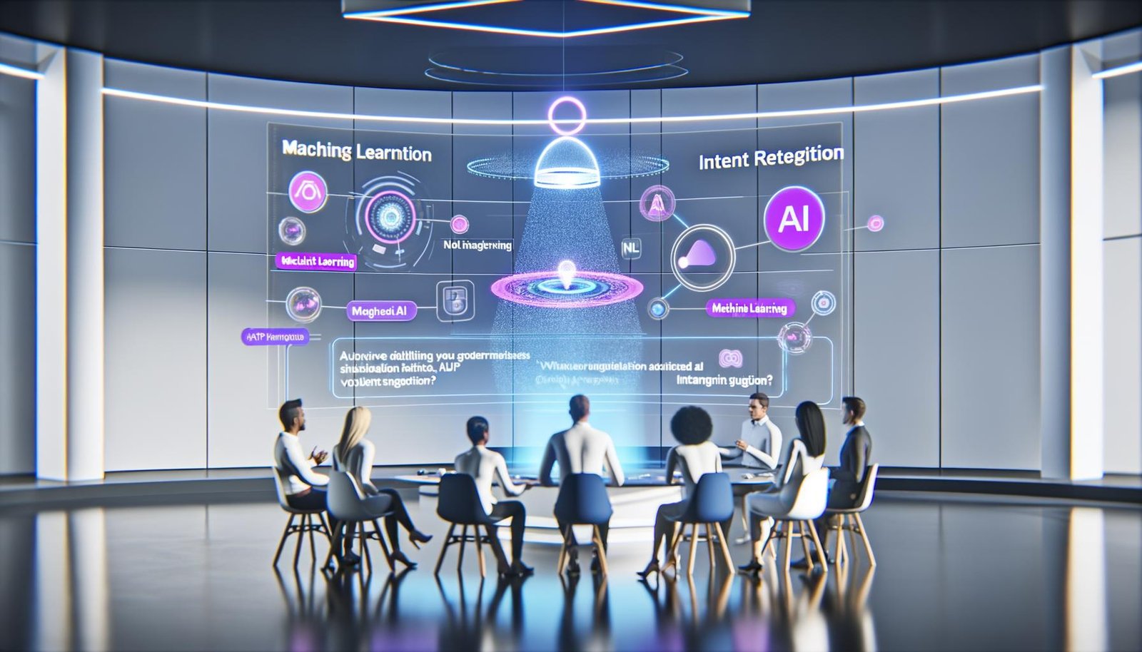 Marketingteam in Hightech-Umgebung beobachtet ein AI-Konversationsdisplay mit interaktiven Produktempfehlungen und schwebenden Begriffen wie NLP, Machine Learning und Intent Recognition.