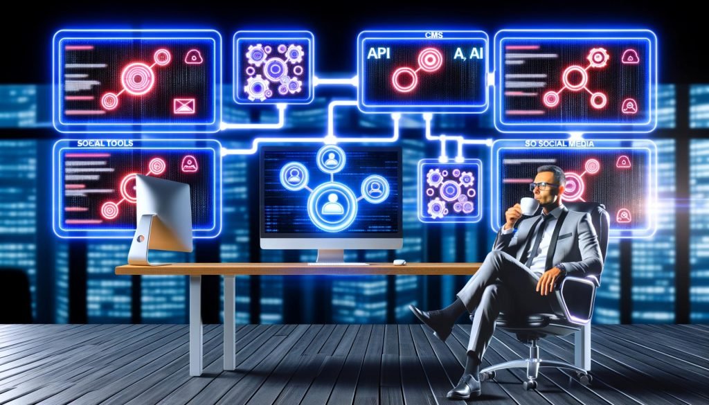 Marketer sitzt entspannt mit Kaffeetasse an einem Schreibtisch mit leuchtender Tastatur im modernen Büro, große Monitore zeigen digitale Content-Workflows zwischen CMS, API, KI, SEO-Tools und Social Media, im Hintergrund fließen Datenströme.