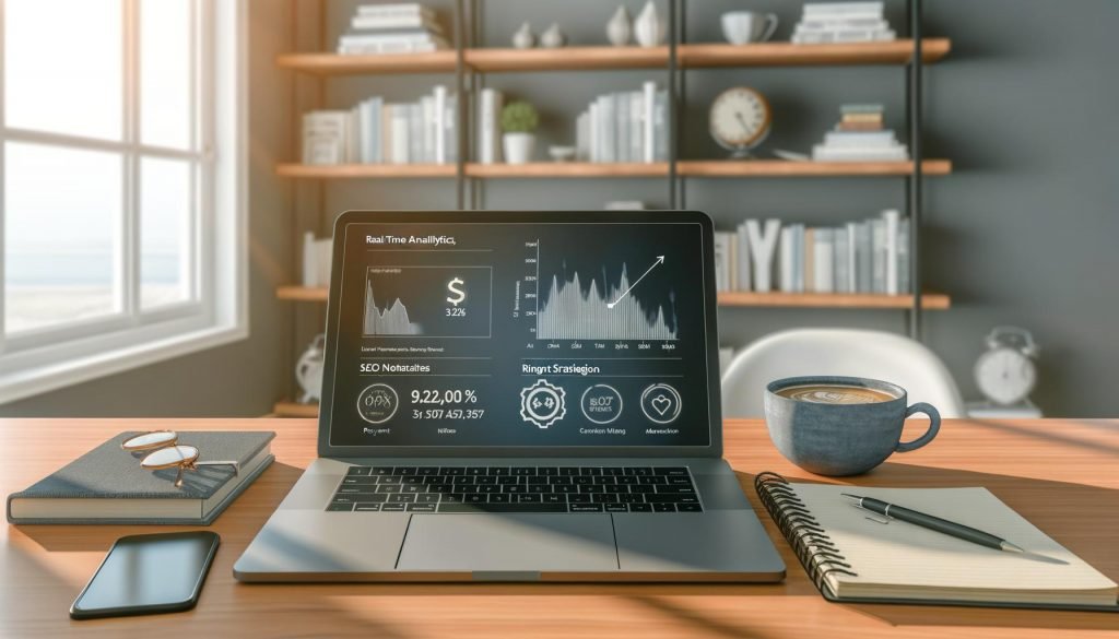 Moderner, minimalistisch eingerichteter Home-Office-Arbeitsplatz mit Laptop, Analytics, Notizbuch für Content-Strategien, Kaffeetasse und Regal mit Marketing-Büchern.