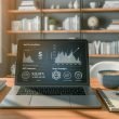 Moderner, minimalistisch eingerichteter Home-Office-Arbeitsplatz mit Laptop, Analytics, Notizbuch für Content-Strategien, Kaffeetasse und Regal mit Marketing-Büchern.