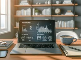 Moderner, minimalistisch eingerichteter Home-Office-Arbeitsplatz mit Laptop, Analytics, Notizbuch für Content-Strategien, Kaffeetasse und Regal mit Marketing-Büchern.