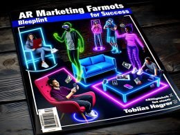 Dynamische Szene mit Menschen, die mithilfe eines Smartphones verschiedenfarbige holografische AR-Elemente wie Sneaker, Möbel und Socialfilter erleben. Dunkler Hintergrund, leuchtende Animationen und große Überschrift über AR-Marketing.