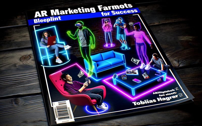 Dynamische Szene mit Menschen, die mithilfe eines Smartphones verschiedenfarbige holografische AR-Elemente wie Sneaker, Möbel und Socialfilter erleben. Dunkler Hintergrund, leuchtende Animationen und große Überschrift über AR-Marketing.