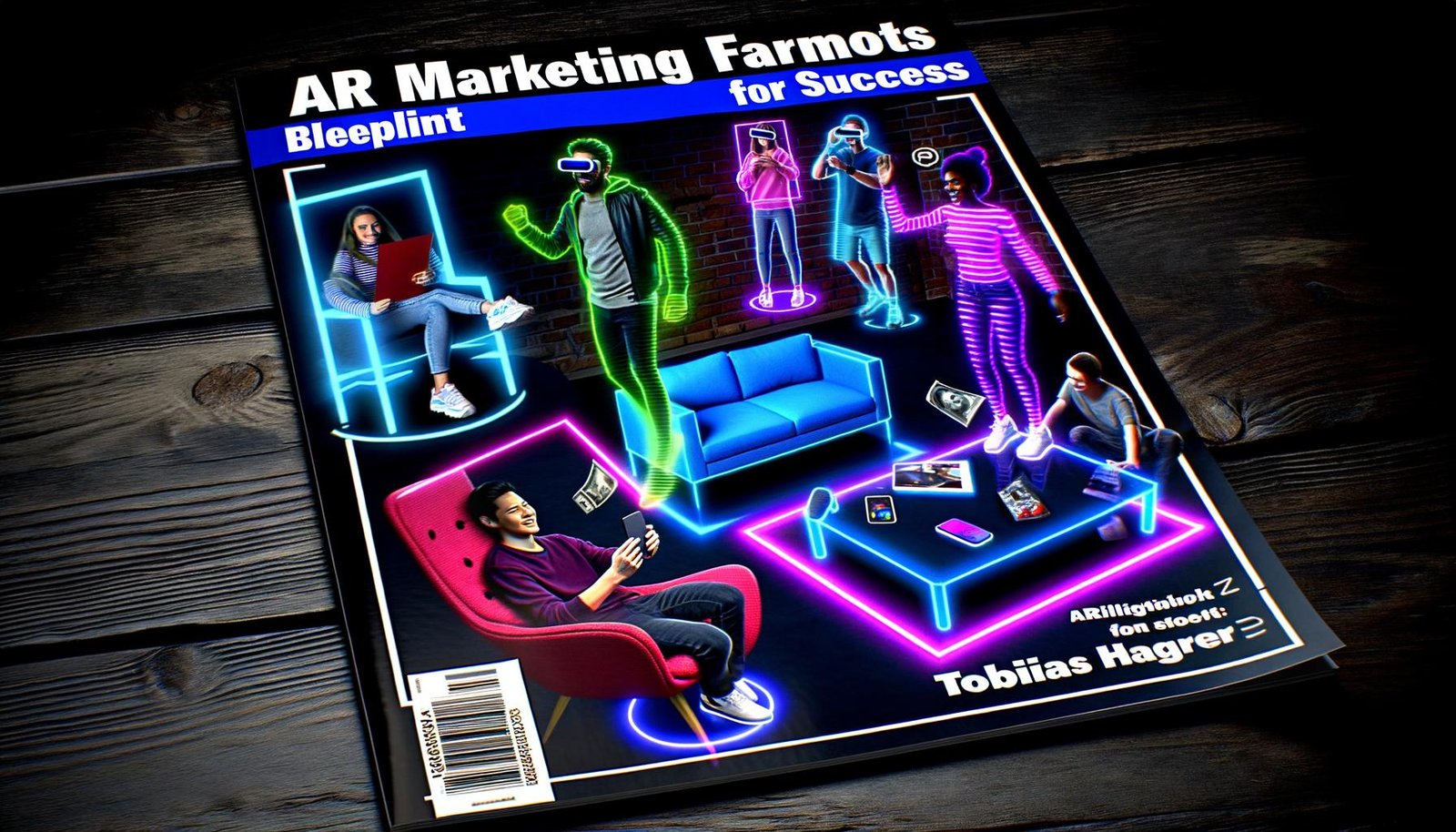 Dynamische Szene mit Menschen, die mithilfe eines Smartphones verschiedenfarbige holografische AR-Elemente wie Sneaker, Möbel und Socialfilter erleben. Dunkler Hintergrund, leuchtende Animationen und große Überschrift über AR-Marketing.