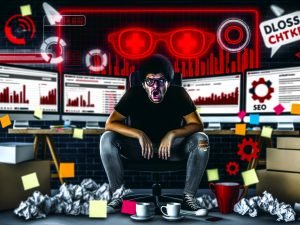Frustrierter Blogger im urbanen Home-Office vor Monitoren mit Fehlermeldungen, Kaffeetassen, Notizzetteln, Checklisten und SEO-Symbolen.
