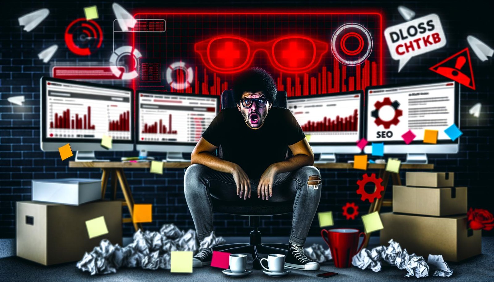 Frustrierter Blogger im urbanen Home-Office vor Monitoren mit Fehlermeldungen, Kaffeetassen, Notizzetteln, Checklisten und SEO-Symbolen.