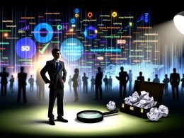 Titelillustration eines skeptisch blickenden SEO-Beraters im Anzug, umgeben von bunten Charts, halbtransparenten Dashboards und einem Werkzeugkasten voller SEO-Tools wie Laptop, Lupe und Google Analytics-Symbol. Im Vordergrund zerknülltes Papier mit dem Wort 'Keyword-Dichte', im Hintergrund unscharfe Berater und riesige Zahlen als Sinnbild für Datenüberflutung.