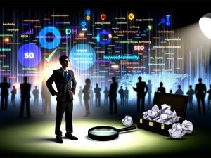 Titelillustration eines skeptisch blickenden SEO-Beraters im Anzug, umgeben von bunten Charts, halbtransparenten Dashboards und einem Werkzeugkasten voller SEO-Tools wie Laptop, Lupe und Google Analytics-Symbol. Im Vordergrund zerknülltes Papier mit dem Wort 'Keyword-Dichte', im Hintergrund unscharfe Berater und riesige Zahlen als Sinnbild für Datenüberflutung.
