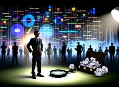 Titelillustration eines skeptisch blickenden SEO-Beraters im Anzug, umgeben von bunten Charts, halbtransparenten Dashboards und einem Werkzeugkasten voller SEO-Tools wie Laptop, Lupe und Google Analytics-Symbol. Im Vordergrund zerknülltes Papier mit dem Wort 'Keyword-Dichte', im Hintergrund unscharfe Berater und riesige Zahlen als Sinnbild für Datenüberflutung.