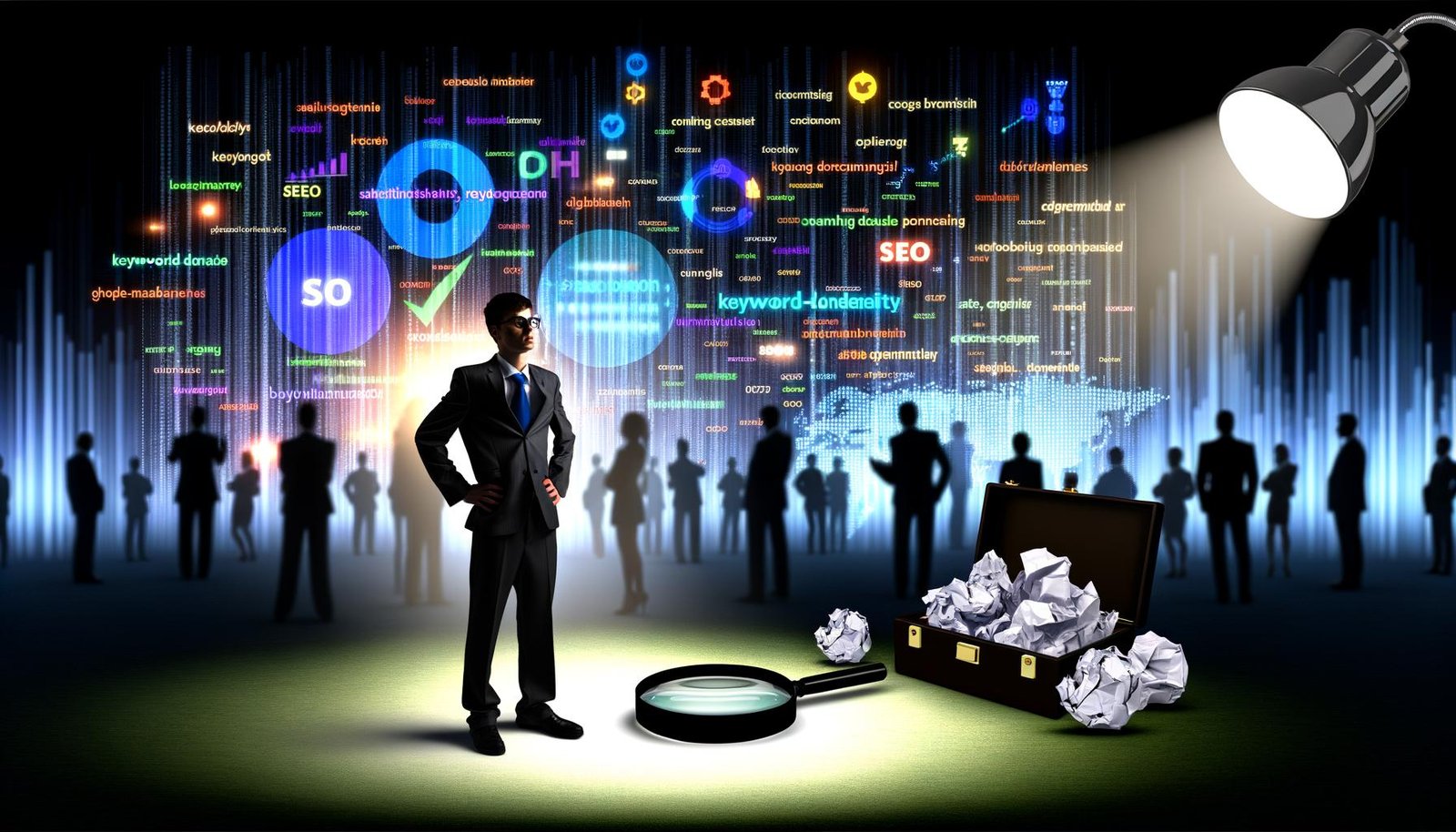 Titelillustration eines skeptisch blickenden SEO-Beraters im Anzug, umgeben von bunten Charts, halbtransparenten Dashboards und einem Werkzeugkasten voller SEO-Tools wie Laptop, Lupe und Google Analytics-Symbol. Im Vordergrund zerknülltes Papier mit dem Wort 'Keyword-Dichte', im Hintergrund unscharfe Berater und riesige Zahlen als Sinnbild für Datenüberflutung.