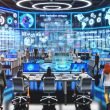 Futuristisches, technologiegetriebenes Büro mit modernen Marketern, Daten-Displays, KI-Automation und großen holographischen Screens.