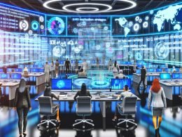 Futuristisches, technologiegetriebenes Büro mit modernen Marketern, Daten-Displays, KI-Automation und großen holographischen Screens.