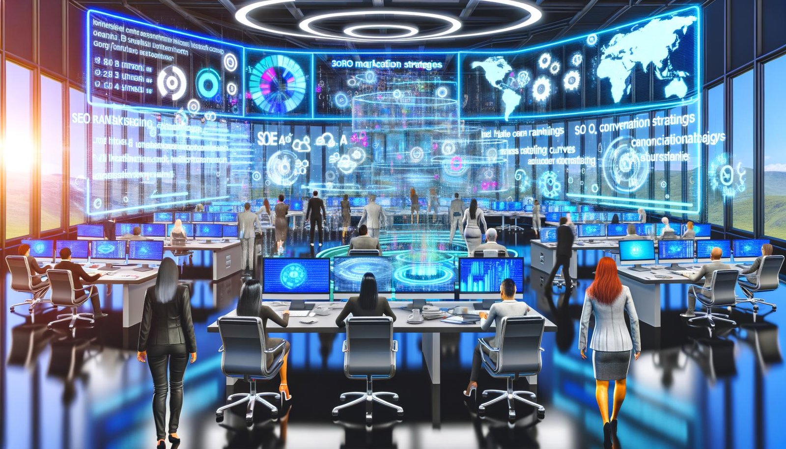 Futuristisches, technologiegetriebenes Büro mit modernen Marketern, Daten-Displays, KI-Automation und großen holographischen Screens.