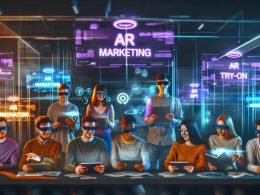 Junge, vielfältige Marketing- und Entwicklerteams arbeiten in einem futuristischen Innovationslabor mit Tablets, AR-Brillen und Hologramm-Displays an interaktiven 3D-Modellen und digitalen Bannern zu AR-Marketing.