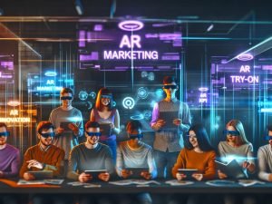 Junge, vielfältige Marketing- und Entwicklerteams arbeiten in einem futuristischen Innovationslabor mit Tablets, AR-Brillen und Hologramm-Displays an interaktiven 3D-Modellen und digitalen Bannern zu AR-Marketing.