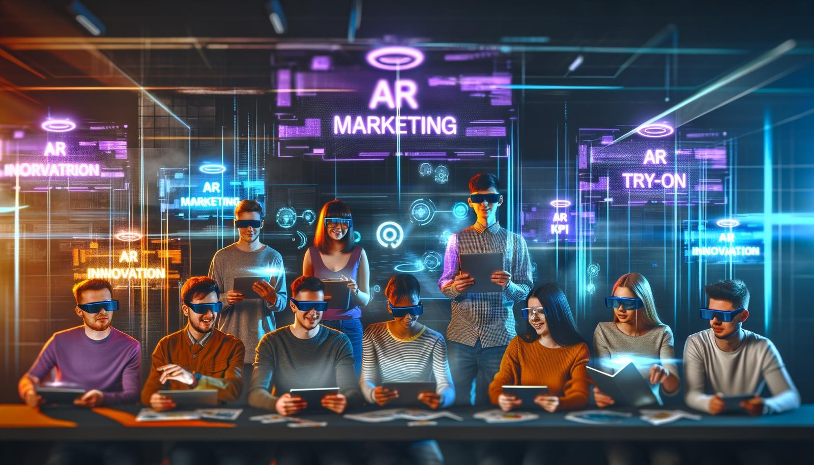 Junge, vielfältige Marketing- und Entwicklerteams arbeiten in einem futuristischen Innovationslabor mit Tablets, AR-Brillen und Hologramm-Displays an interaktiven 3D-Modellen und digitalen Bannern zu AR-Marketing.