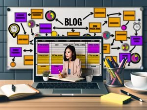 Ein moderner Arbeitsplatz mit offenem Laptop, darauf farbiger Content-Plan im Kalender-Layout, umgeben von Notizbüchern, Post-its, Kaffee und einem Whiteboard mit verbundenen Themen-Clustern.