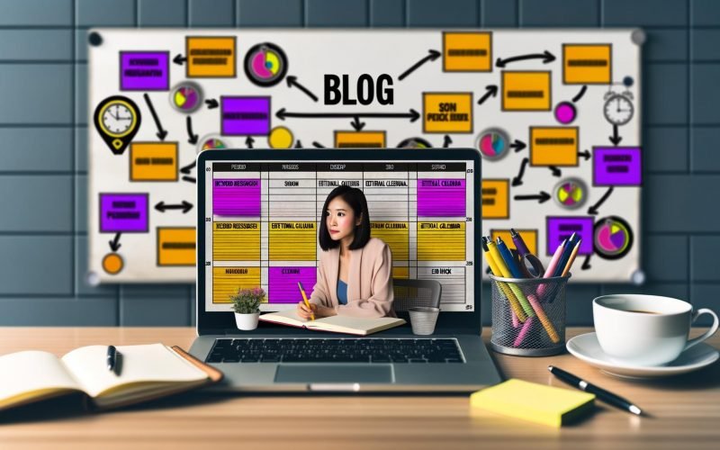 Ein moderner Arbeitsplatz mit offenem Laptop, darauf farbiger Content-Plan im Kalender-Layout, umgeben von Notizbüchern, Post-its, Kaffee und einem Whiteboard mit verbundenen Themen-Clustern.