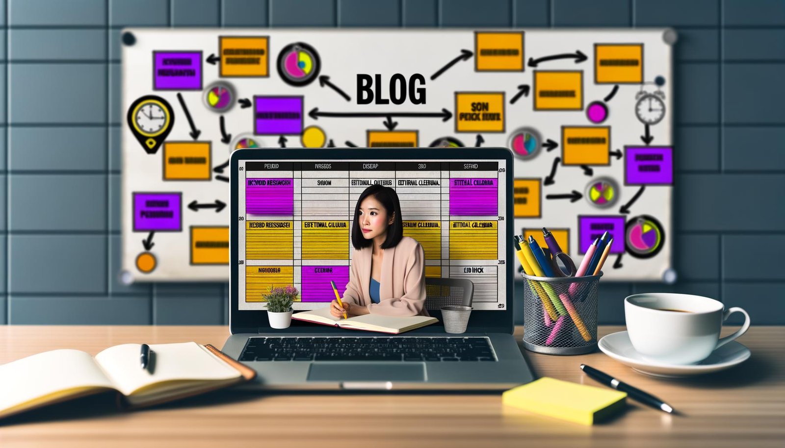 Ein moderner Arbeitsplatz mit offenem Laptop, darauf farbiger Content-Plan im Kalender-Layout, umgeben von Notizbüchern, Post-its, Kaffee und einem Whiteboard mit verbundenen Themen-Clustern.
