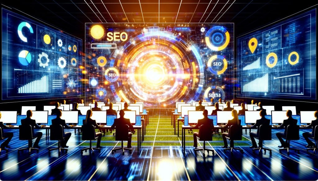 SEO-Experten-Team in einem modernen Kontrollzentrum bei gemeinsamer Analyse von SEO-Daten auf digitalen Oberflächen, umgeben von Charts, Keywords, Netzwerkverbindungen und Medaillen.